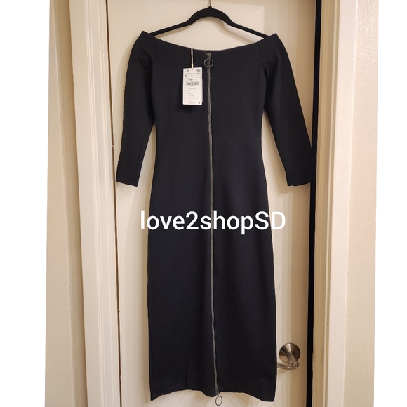 Zara Midi Little Black shoulder dress black off shoulder XS S 4034 NWT - Picture 3 of 6